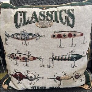Classics Fishing Lures Pillow Riverdale Made In USA Green Gold Trim Vintage